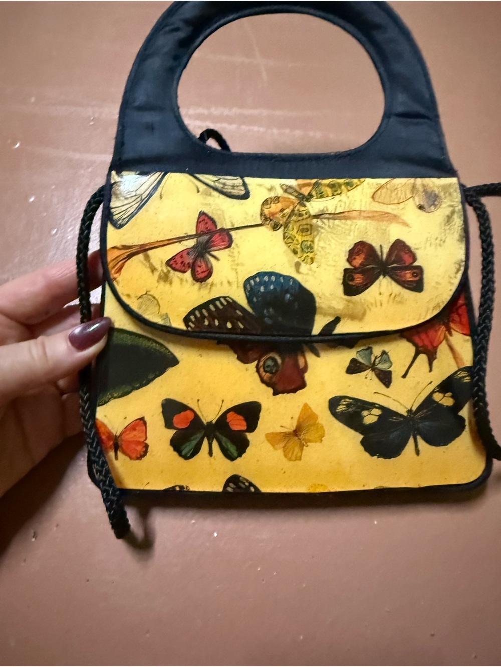 Yellow Butterfly-Print Mini Top-Handle Crossbody Bag